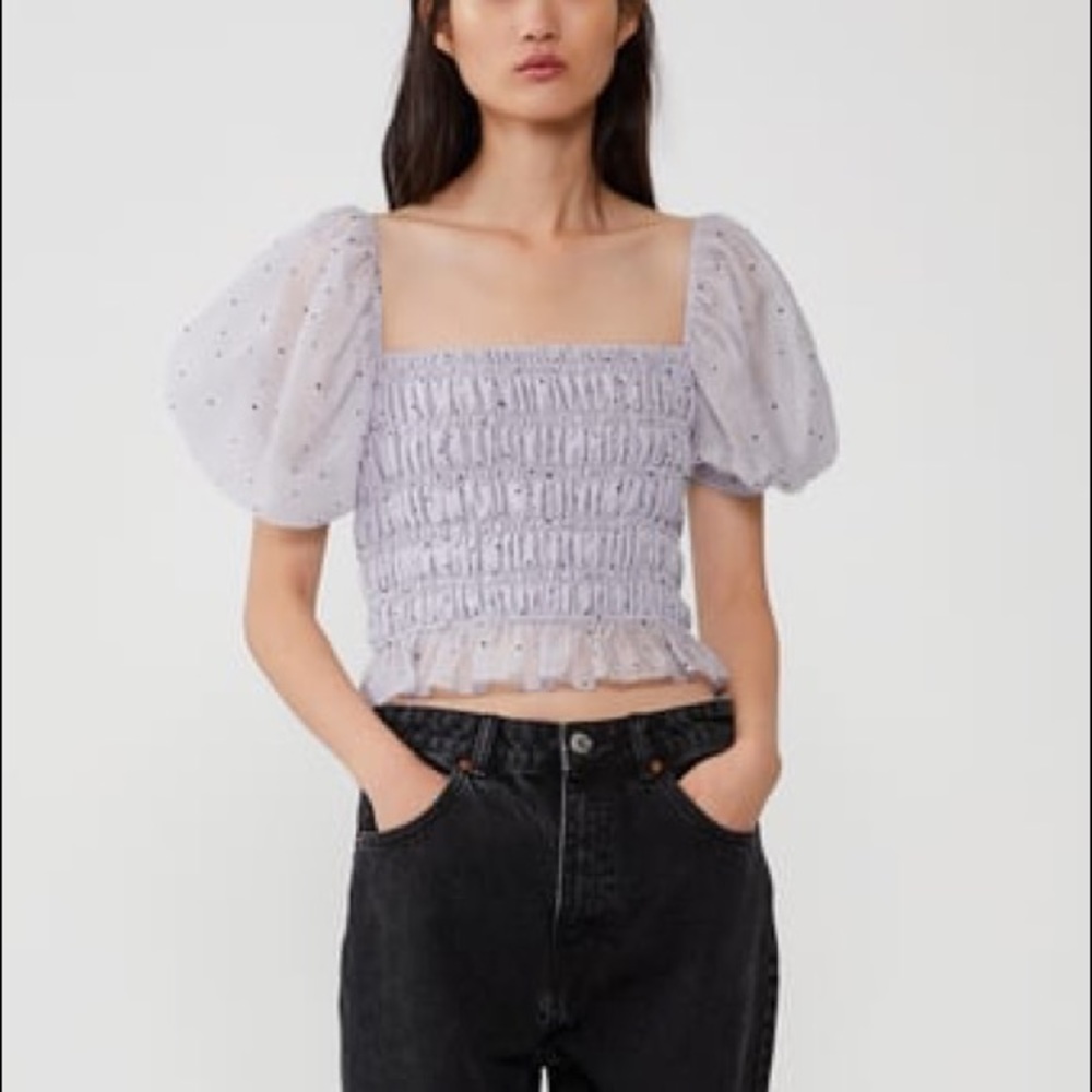 🌷 Zara Sheer Organza Smocked Polka Dot Puff Sleeve Blouse Size L